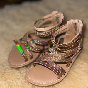 Rose Gold gladiator sandals, size 5